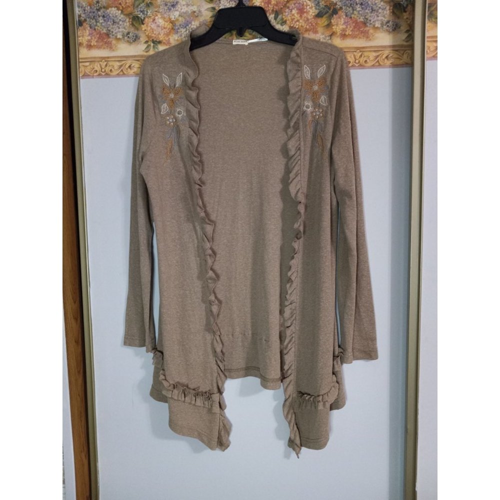 Blue Bird Medium Tan Embroidered Open Lightweight Floral Lagenlook Boho Top